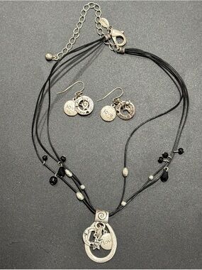 Chico’s Charm Silver-Tone 'Love' Pendant Necklace & Earrings Set - Black Cord